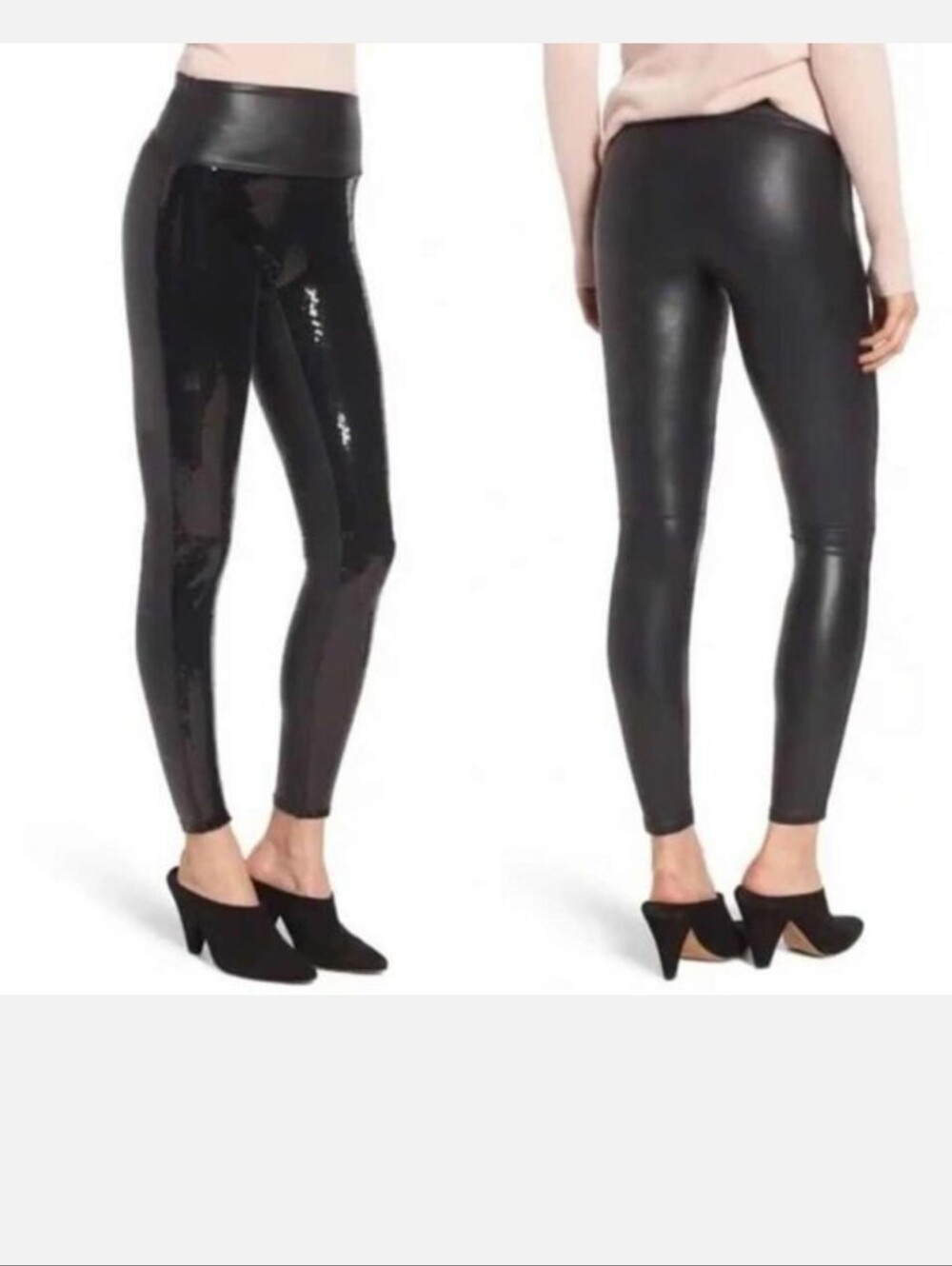 Spanx Black Sequin and Faux Leather Leggings - SZ Large